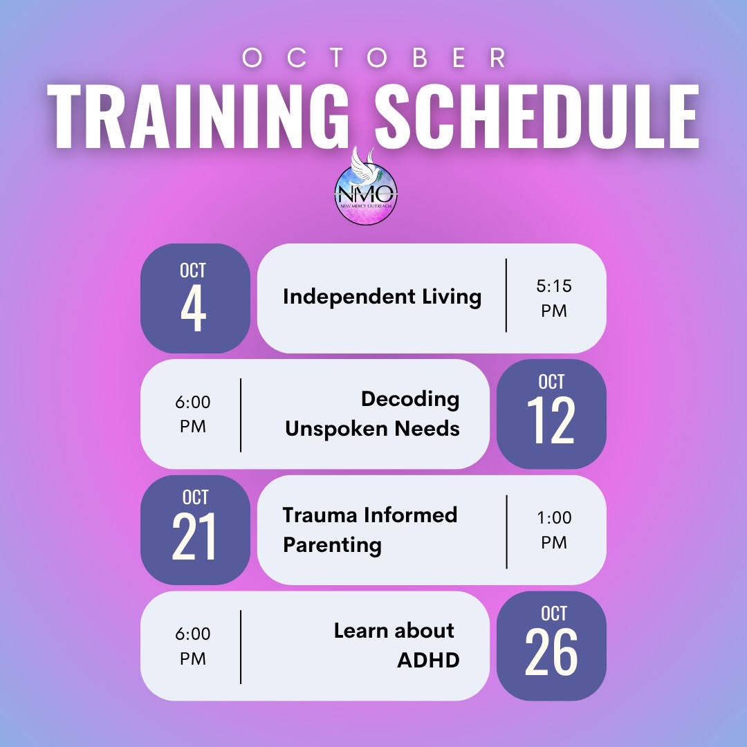 New Mercy Outreach October Training Schedule